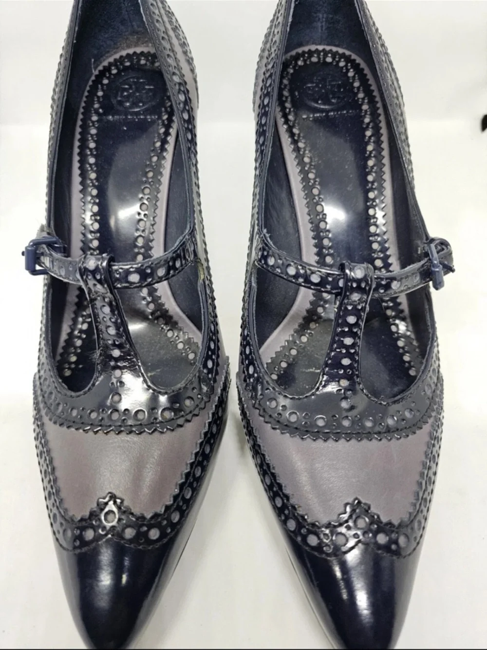 Tory Burch Black and Gray Pointed-Toe Mary Jane Heels